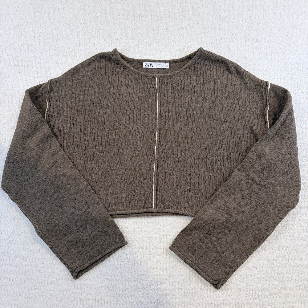 Zara Women's Brown Solid Knit Round Neck Long Sleeve Cropped Pullover Sweater M